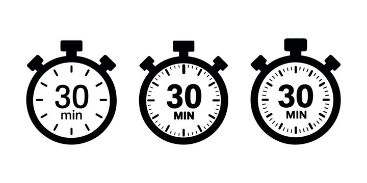 Vector illustrations of circular stopwatch timer icons showing thirty minutes duration isolated on white background for time management and countdown clock apps.