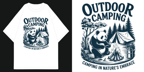 vintage outdoor camping panda t-shirt design with cute panda roasting marshmallow by campfire tent and forest retro style t shirt design vector illustration artwork © RNDM TeeDesign