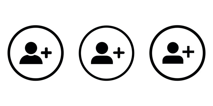 Add user icon set vector, person and plus symbol in a circle, new contact, friend request, social network, account creation graphic.