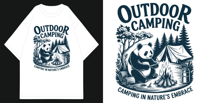 vintage outdoor camping panda t-shirt design with cute panda roasting marshmallow by campfire tent and forest retro style t shirt design vector illustration artwork