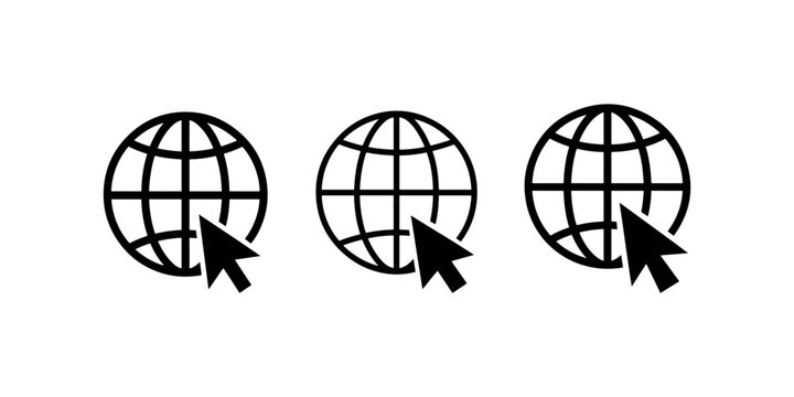 Globe with mouse cursor icon vector illustration for internet and web browsing concepts.