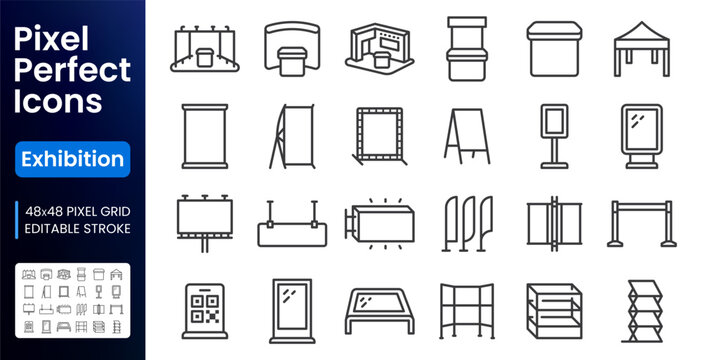 Exhibition, advertising stand line icons set. Booth, banner, billboard, trade show tent, digital totem flat minimal vector illustrations. Simple outline signs. 48x48 Pixel Perfect. Editable Stroke