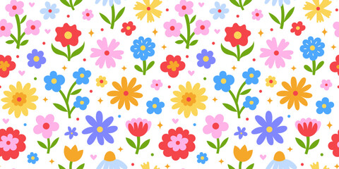 Seamless pattern with colorful flowers in naive Scandinavian folk art style on white background. Hand drawn flat floral ornament for kids textile, wallpaper, surface design. Vector illustration © nadiinko