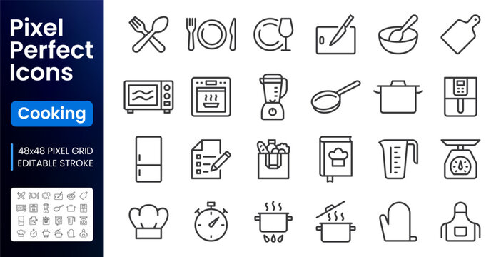 Kitchen, cooking line icons set. Air fryer, meal blender, oven, fridge, recipe cookbook, grocery delivery flat minimal vector illustrations. Simple outline signs. 48x48 Pixel Perfect. Editable Stroke.