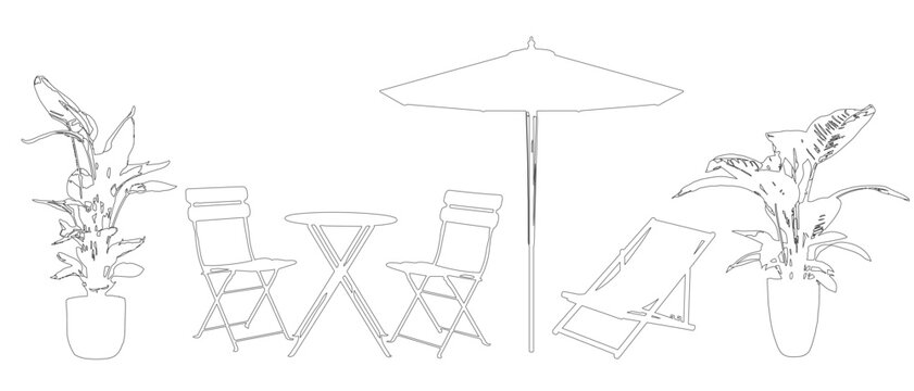 Vector set of garden furniture in elevation view for use in architectural drawings