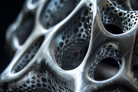 Futuristic 3D printed titanium lattice structure close-up