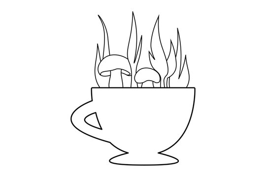 Mushrooms In Cup Fantasy Line Drawing