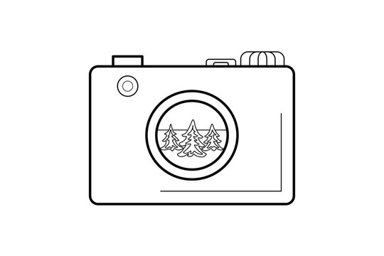 Camera With Forest Scene Line Illustration