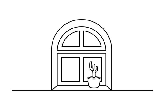Window With Cactus Minimal Line Drawing