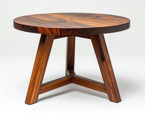 Rustic round wood table with angled legs and rich grain detail