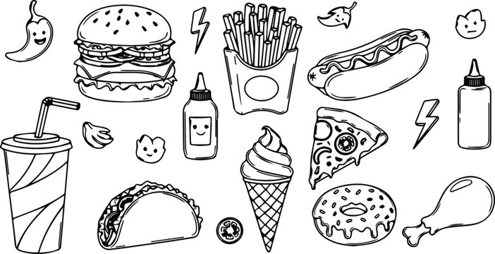 Doodle fast food icons featuring pizza, burgers, and soda