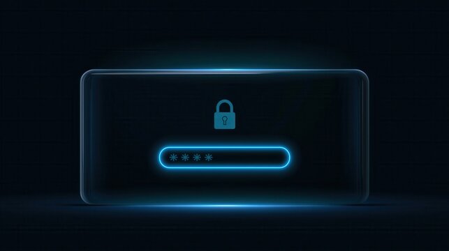 Neon-blue login interface on a dark background showing a lock icon and a password field with obscured characters.