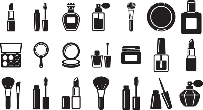 Beauty products vector icon set cosmetic accessories makeup elements collection. Fashion Makeup Icons. Beauty and personal care icon vector illustration
