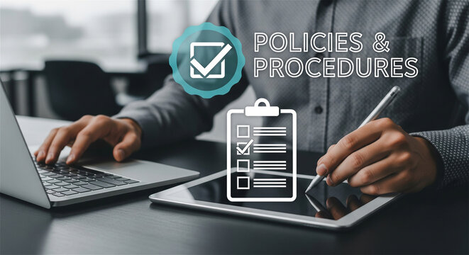 Man reviewing policies and procedures document on tablet and laptop