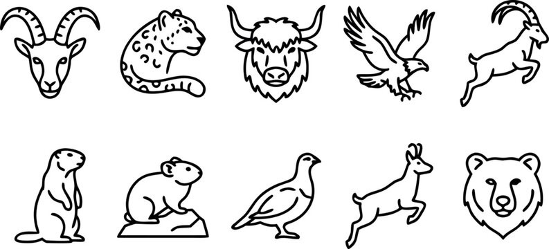 Mountain wildlife and alpine animal outline vector icon set for nature conservation and adventure tourism app design.