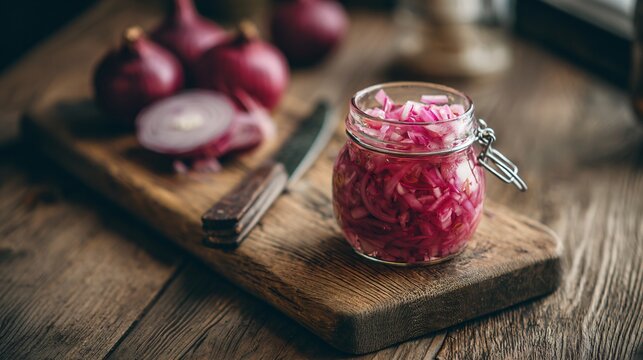 Wooden cutting board with a jar of pickled onions placed along one edge, visible texture filling the rest of the frame