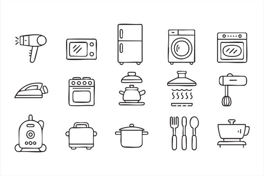 Household appliances and kitchen electronics icon set including refrigerator washing machine microwave oven blender kettle and devices
