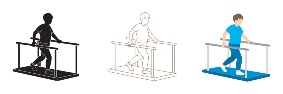 Rehabilitation Parallel Bars Icon Set, solid outline and colored figures, mobility exercise and clinic support symbols, physiotherapy vector illustration