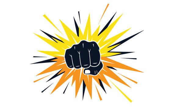 Silhouette of a powerful clenched fist centered in front of a vibrant yellow and orange sunburst or explosion rays.