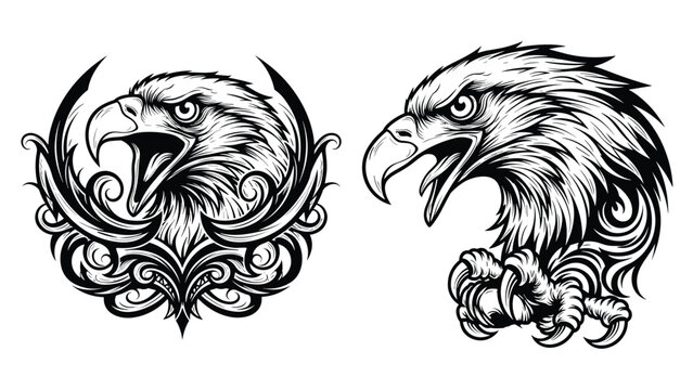 Pair of powerful eagle head illustrations with fierce expressions and decorative tribal or ornamental elements.