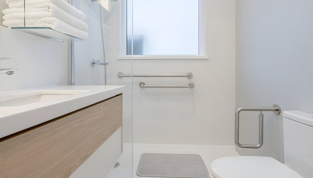Bright and contemporary bathroom featuring accessibility grab bars, a sleek vanity, and neatly folded towels, all illuminated by soft natural light