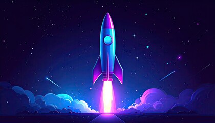 Fototapeta premium Vibrant rocket blasts off through starry cosmos, igniting clouds in neon glow