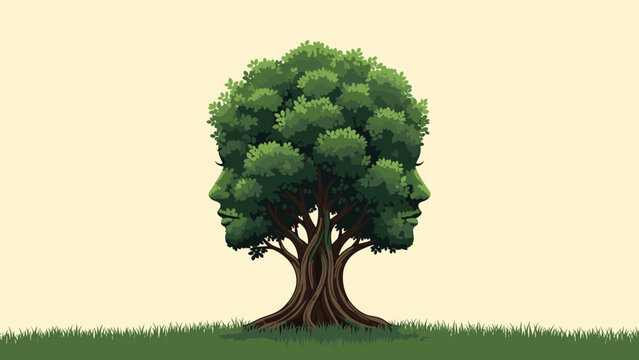 Conceptual illustration of a lush green tree whose leafy canopy forms the silhouettes of two human faces facing opposite directions.