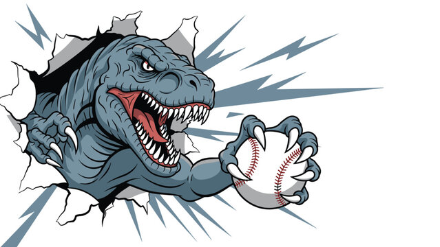 Fierce t-rex dinosaur mascot breaking through a wall to catch a white baseball in its sharp dinosaur claws.
