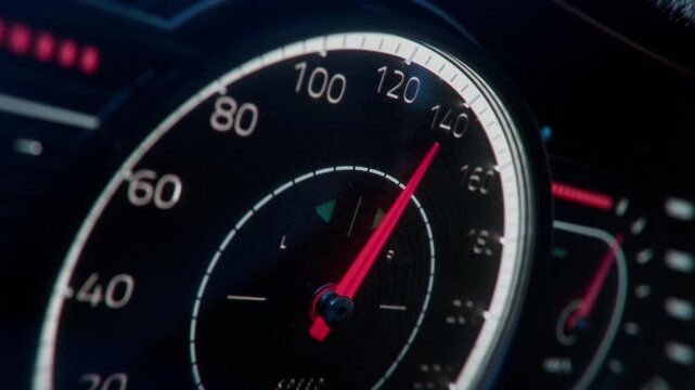 3D animation: Close-up Shot of Analogue Gauge Cluster of a Classic Sports Car. Mechanical Speedometer Showing Quick Acceleration of a Vehicle. Concept: Speed, Acceleration Performance and Power.