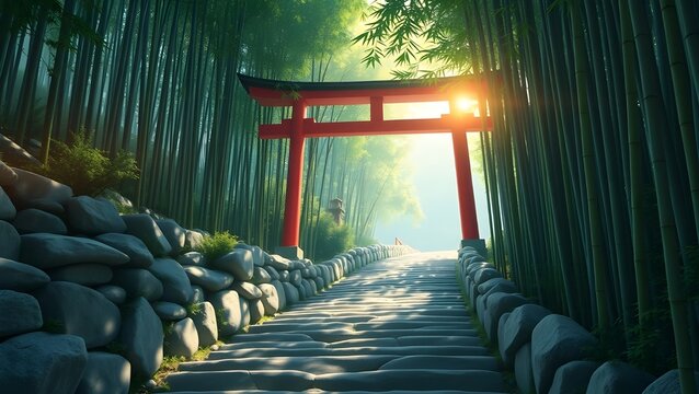 Japanese torii gate in the mountain road 