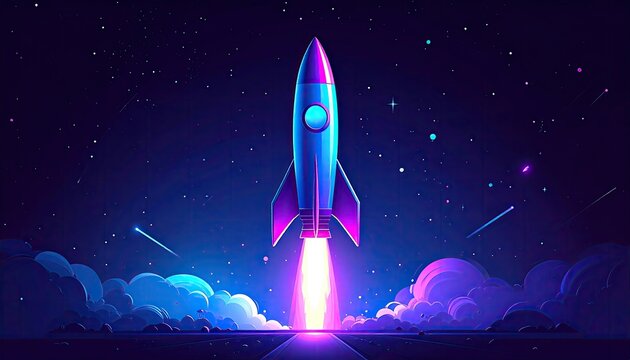 Vibrant rocket blasts off through starry cosmos, igniting clouds in neon glow
