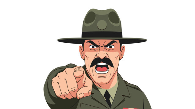 Angry cartoon drill sergeant wearing an olive green military uniform and hat pointing his finger forward and yelling on a white background.