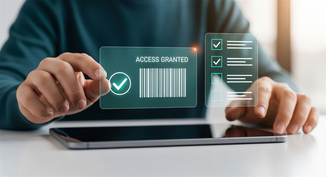 Person holding access granted security card with digital checklist overlay on tablet