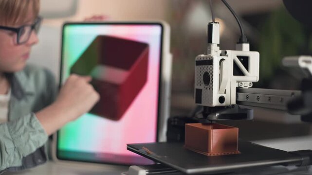 3D printer in operation in the foreground with kid on background with tablet