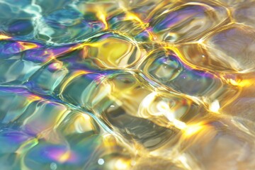 Obraz premium Detailed close-up of colorful iridescent high contrast rippled water surface under natural light
