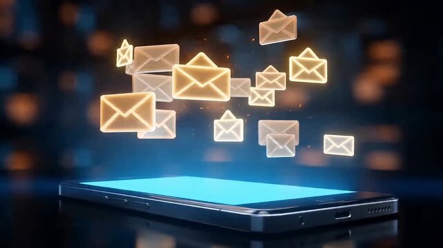 Glowing digital mail icons floating from a smartphone screen in motion animation clip