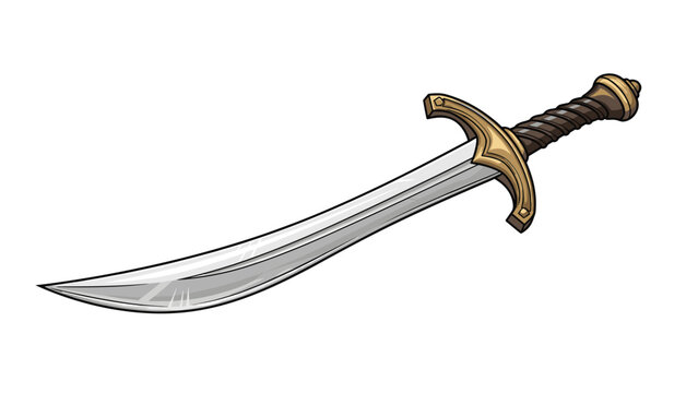 Detailed colored illustration of a traditional curved scimitar sword with a golden hilt and a sharp steel blade against a plain white background.