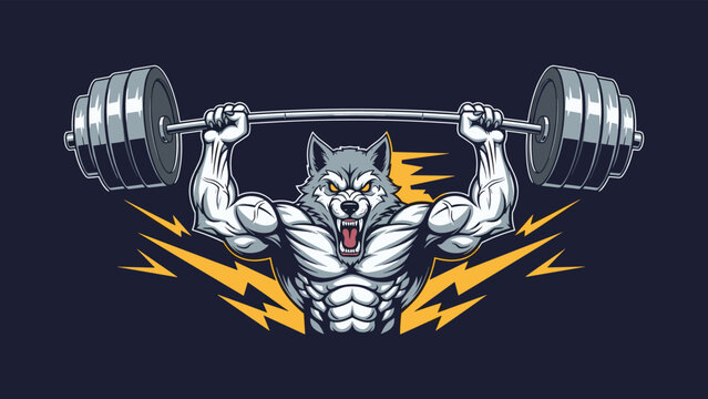 Fierce gray wolf mascot with large muscles lifting a heavy barbell with yellow lightning bolts in the background.