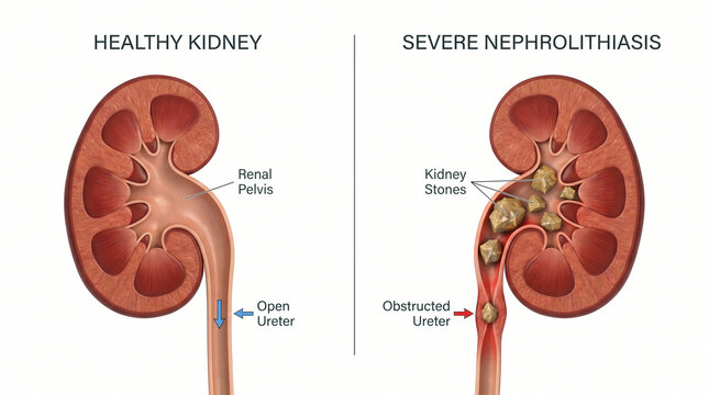 Kidney Stones Nephrolithiasis Anatomy Comparison Healthy vs Diseased Kidney