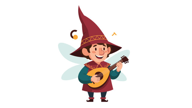 Cute fairy gnome character with wings and a tall pointed hat playing a lute musical instrument in a flat style design.
