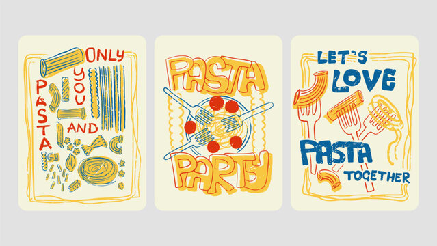 Colorful set of pasta poster style retro illustrations. Celebrate carefree spirit and life simple pleasures