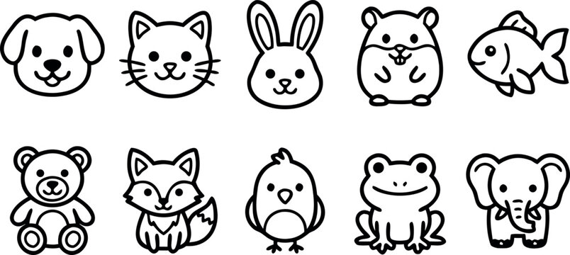Cute animal character outline vector icon set for kids educational games and pet care mobile app interface design.
