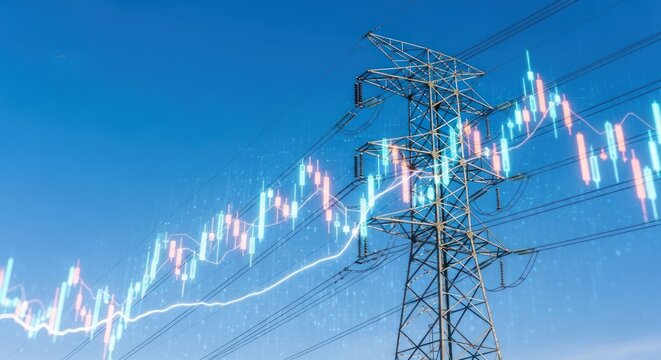 Electricity price chart with power line and blue sky.