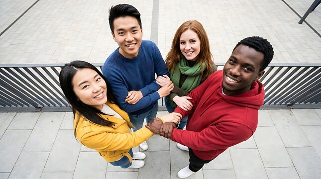 A diverse group of four individuals hold hands together looking up at the camera, promoting unity and collaboration