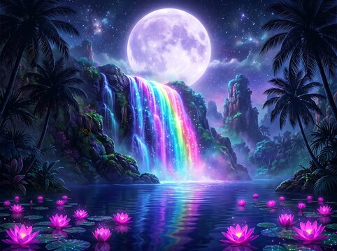 Image of enchanting magical waterfall with rainbow colors flowing into a serene lake with glowing lotus flowers under a giant full moon