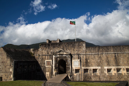 Walls and vegetation at Brimstone Hill Fortress, a national park in St Kitts and Nevis, Caribbean.