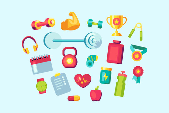 Colorful Fitness Equipment Icon Set Gym Lifestyle Illustration