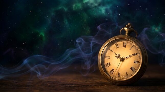 A timeless pocket watch stands against the cosmos, capturing the essence of time. The watch's detailed design is set against the backdrop of a cosmic nebula.