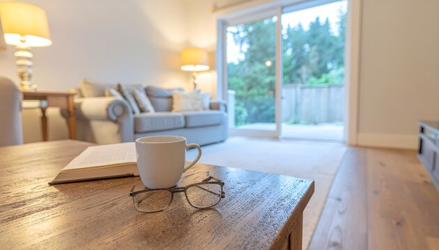 Cozy living room with a book, glasses, and tea on a wooden coffee table, evening