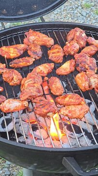 Grilled chicken wings cooking on a charcoal barbecue grill with bright orange flames, delicious spicy marinated poultry meat outdoors for summer picnic garden party celebration. Video 4k